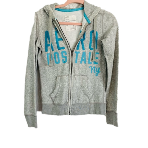 Aeropostale Tops - Aeropostale • Grey Zipper Hoodie with Blue Print Logo NY